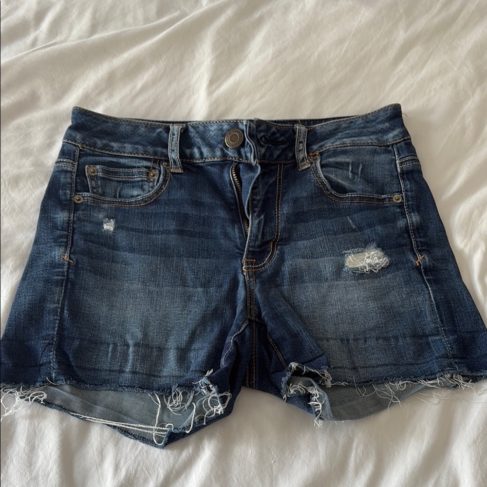 American Eagle Outfitters Dark Blue Distressed Jean Shorts